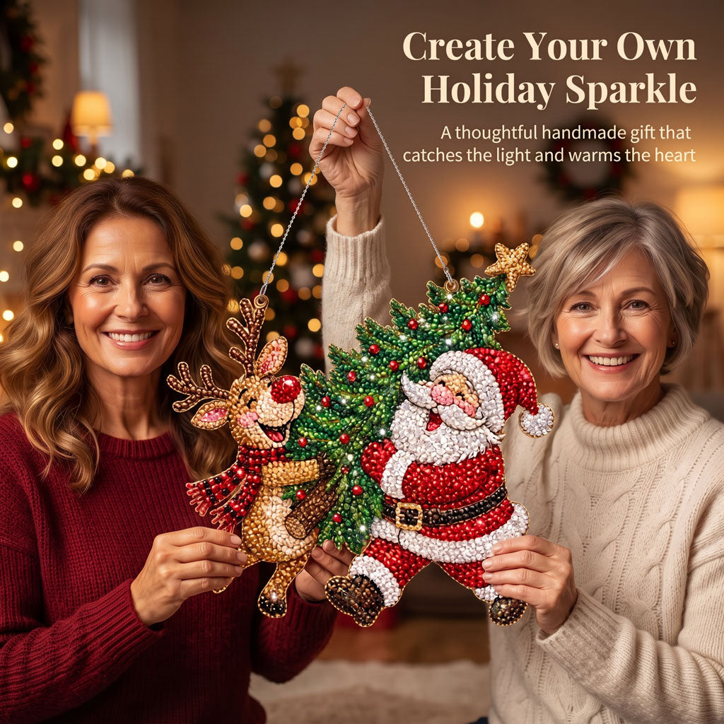 🔥Limited time 70% OFF🔥 🎅🦌 Santa & Reindeer Diamond Art Ornament Kit – Sparkling DIY Christmas Door Hanger