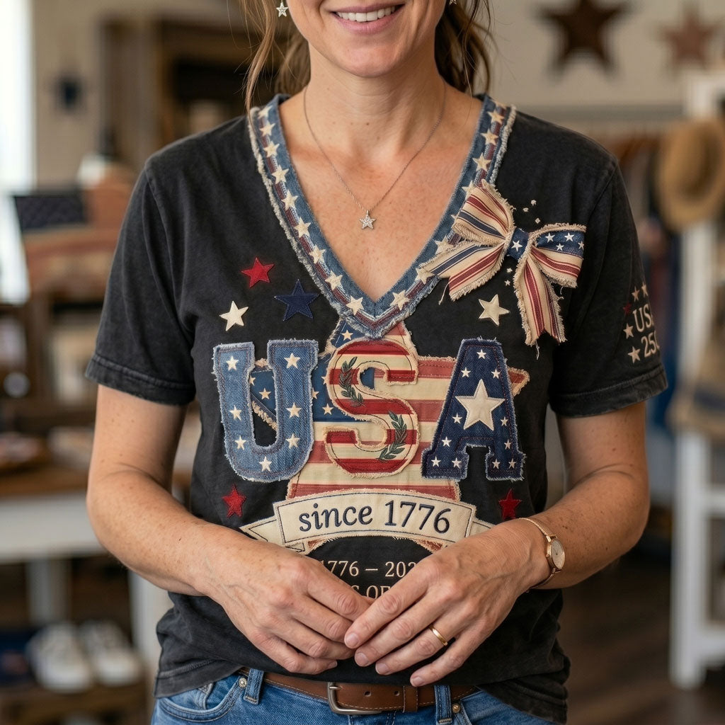 Vintage USA 250th Anniversary Patchwork WN2906005CL V-Neck T-Shirt