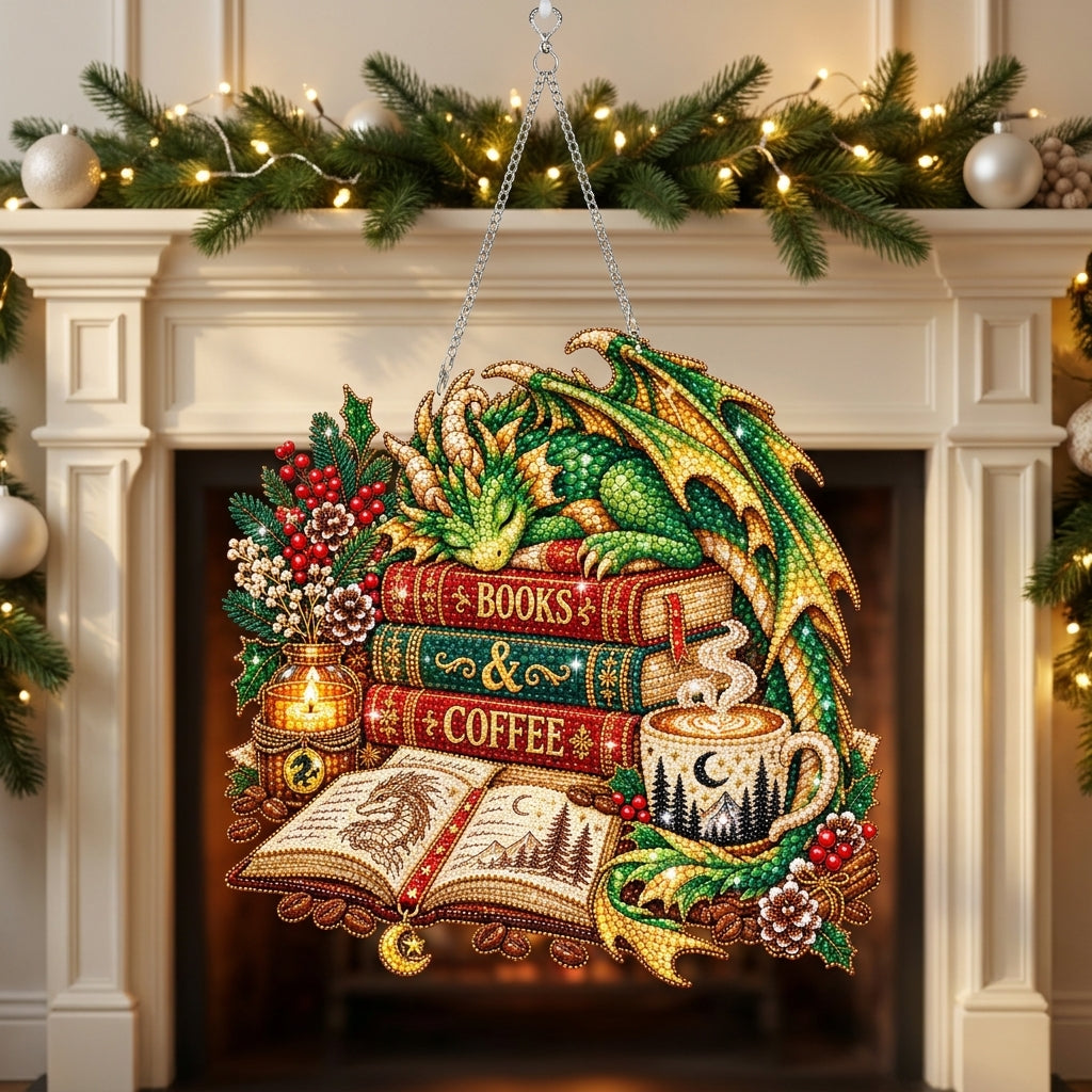 Cozy Dragon Books & Coffee Diamond Art Hanging Ornament Kit