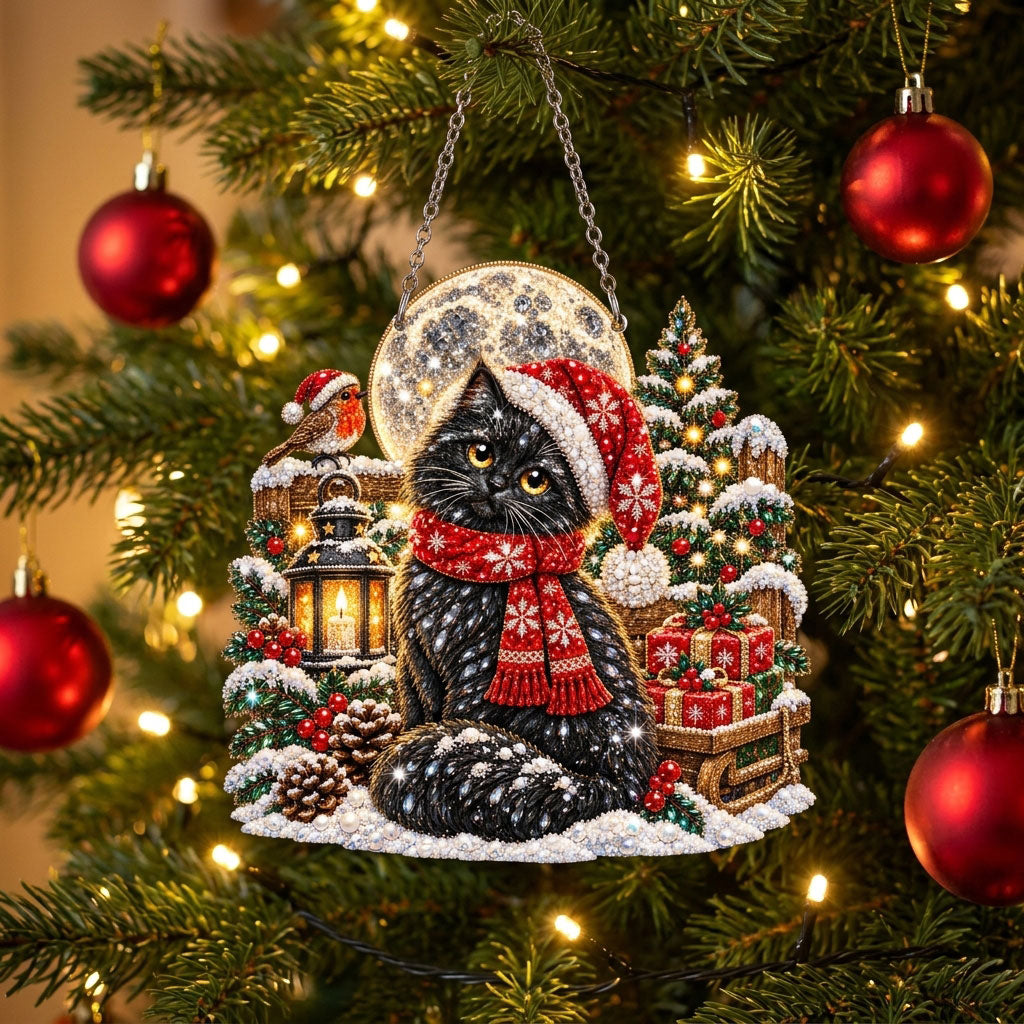 Black Cat in Santa Hat Diamond Art Hanging Ornament Kit