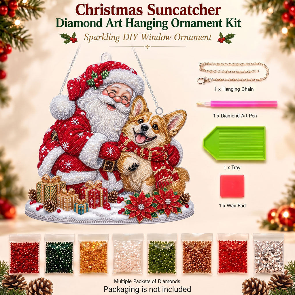 🎅🐶 Santa & Corgi Diamond Art Ornament Kit – Sparkling DIY Holiday Hanging Decor