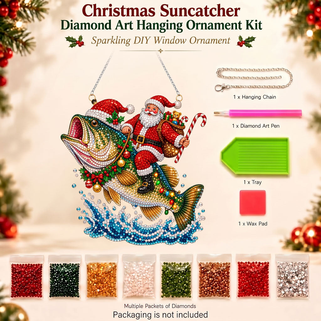 🔥 Limited Time 70% OFF - 🎅🎣 Santa Riding Bass Diamond Art Ornament Kit – Sparkling DIY Holiday Door Decor