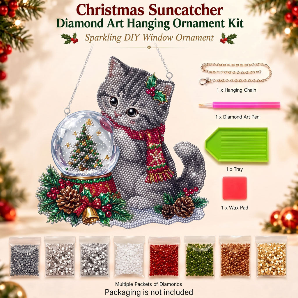 🐱❄️ Christmas Cat Snow Globe Diamond Art Ornament Kit – Sparkling DIY Holiday Hanging Decor