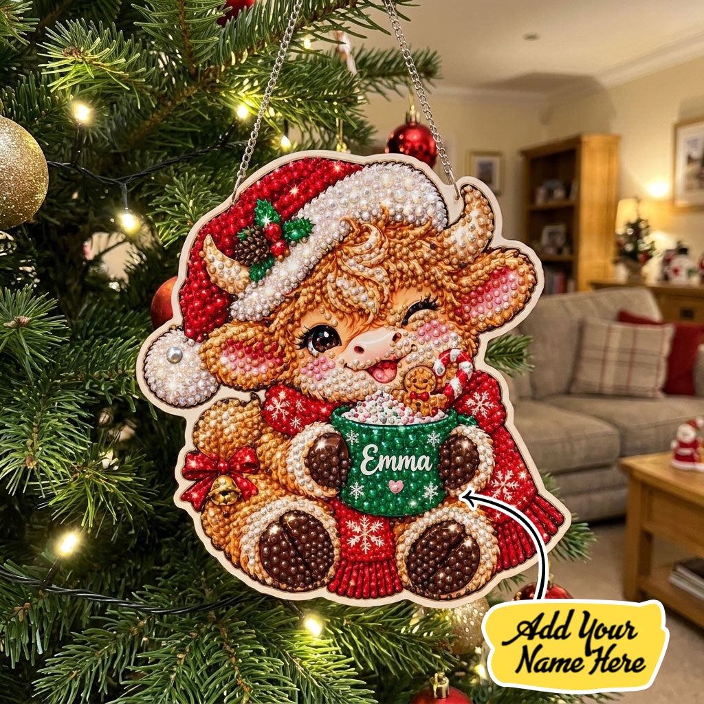 Personalized Highland Cow Hot Cocoa Diamond Art Hanging Ornament Kit