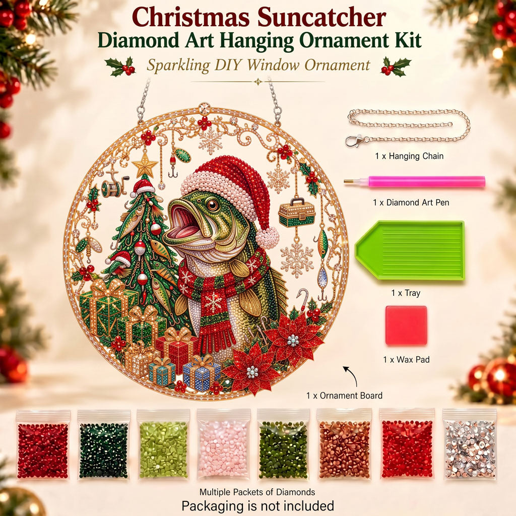 🔥 Limited Time 70% OFF - 🎣🎄 Christmas Bass Diamond Art Ornament Kit – Sparkling DIY Fisherman Holiday Decor