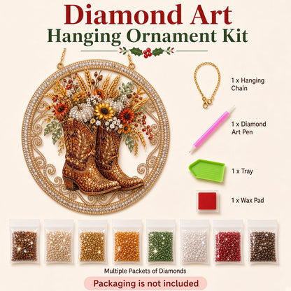 Western Cowboy Boots & Wildflowers Diamond Art Hanging Ornament Kit