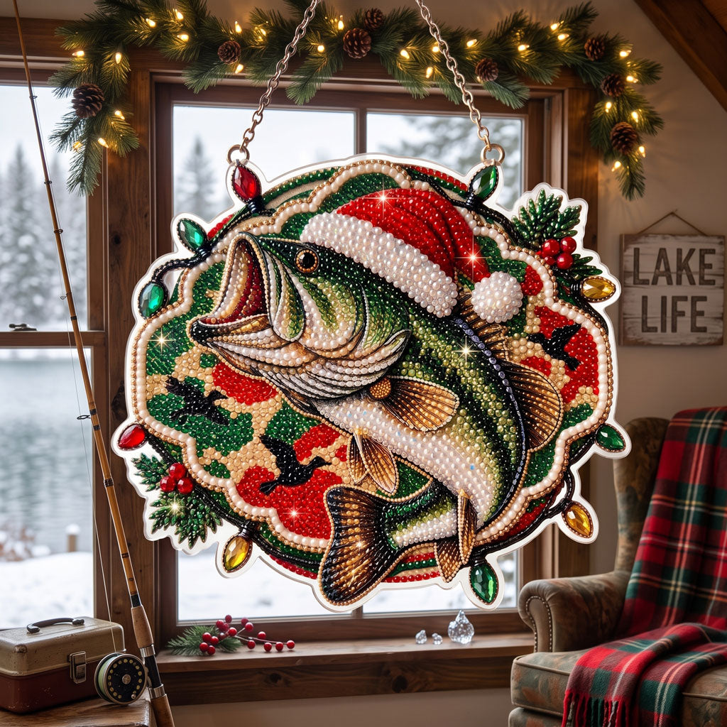 🔥 Limited Time 70% OFF - 🎣🎄 Christmas Fisherman Bass Diamond Art Ornament Kit – Sparkling DIY Holiday Door Hanger