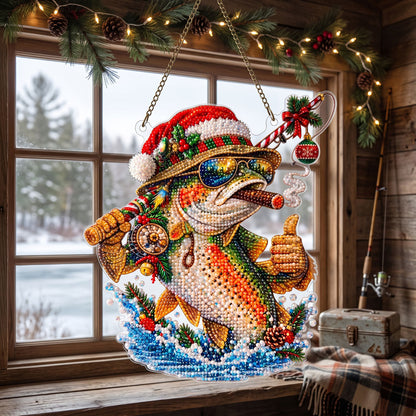 🔥 Limited Time 70% OFF - 🎣🎄 Christmas Fisherman Bass Diamond Art Ornament Kit – Sparkling DIY Holiday Door Hanger