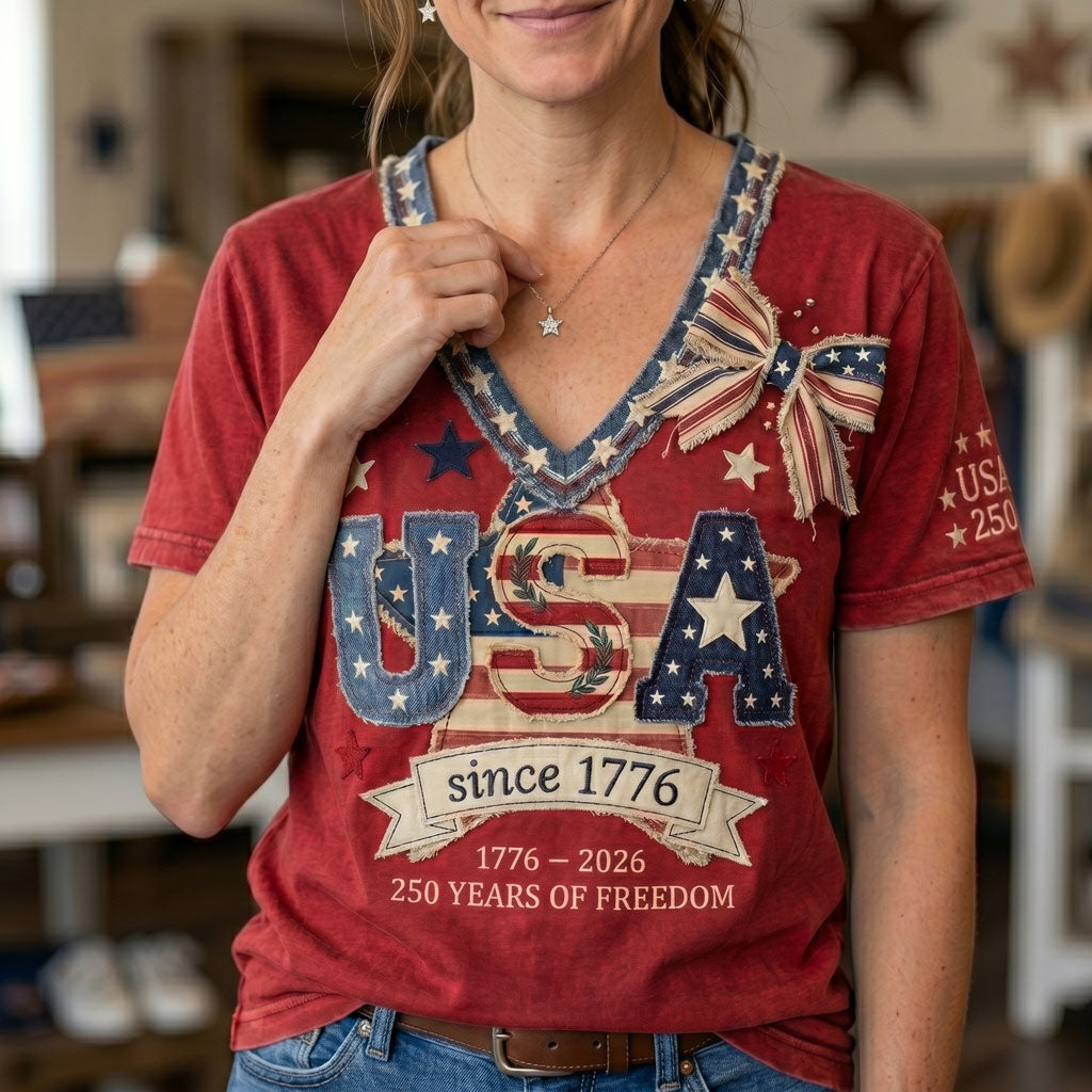 Vintage USA 250th Anniversary Patchwork WN2906005CL V-Neck T-Shirt