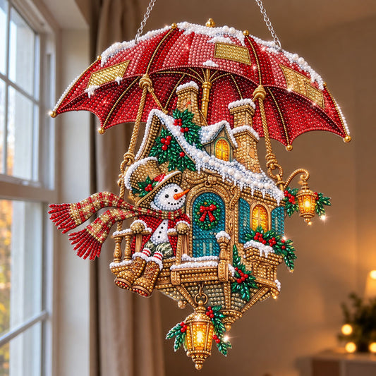 Cozy Snowman Cottage Diamond Art Ornament Kit – Sparkling DIY Christmas Hanging Decor