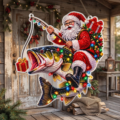 🔥 Limited Time 70% OFF - 🎅🎣 Santa Riding Bass Diamond Art Ornament Kit – Sparkling DIY Holiday Door Decor