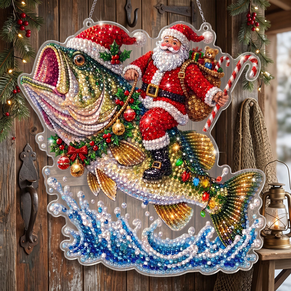 🔥 Limited Time 70% OFF - 🎅🎣 Santa Riding Bass Diamond Art Ornament Kit – Sparkling DIY Holiday Door Decor