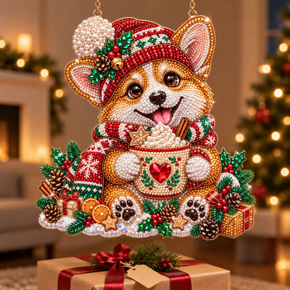 Christmas Corgi Cocoa Diamond Art Ornament Kit – Sparkling DIY Holiday Hanging Decor