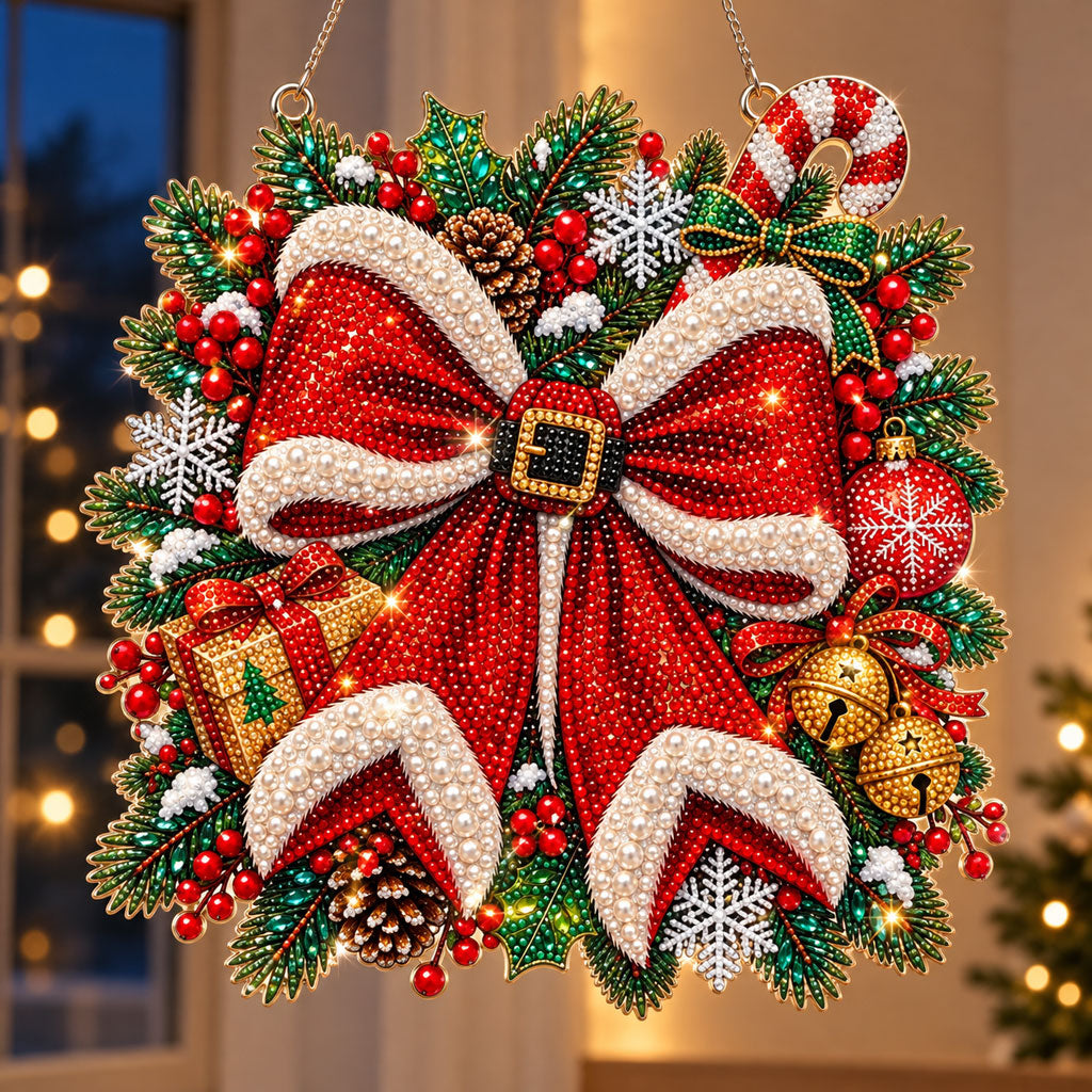 Christmas Bow Wreath Diamond Art Ornament Kit – Sparkling DIY Holiday Hanging Decor