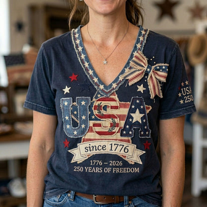 Vintage USA 250th Anniversary Patchwork WN2906005CL V-Neck T-Shirt