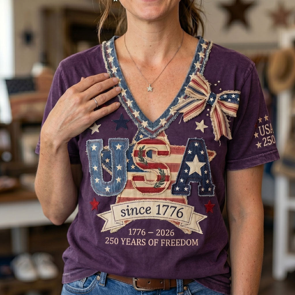 Vintage USA 250th Anniversary Patchwork WN2906005CL V-Neck T-Shirt