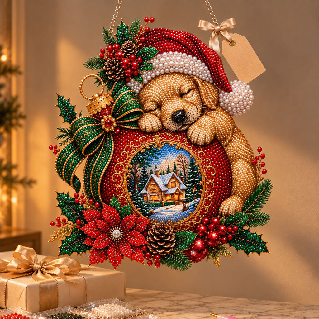 🔥 Limited Time 70% OFF - 🐶🎁 Christmas Puppy Stocking Diamond Art Ornament Kit – Sparkling DIY Holiday Hanging Decor