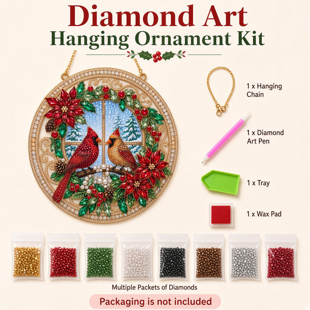 Christmas Cardinals & Poinsettias Diamond Art Hanging Ornament Kit
