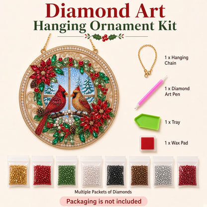 Christmas Cardinals & Poinsettias Diamond Art Hanging Ornament Kit