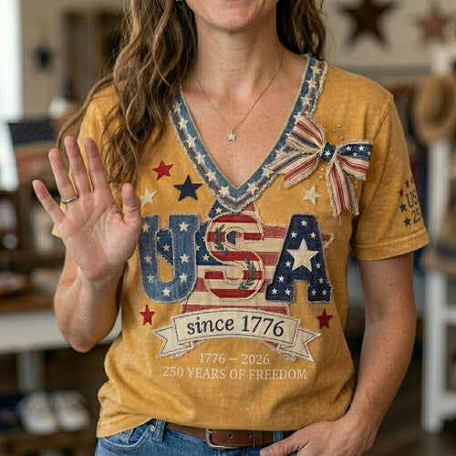 Vintage USA 250th Anniversary Patchwork WN2906005CL V-Neck T-Shirt