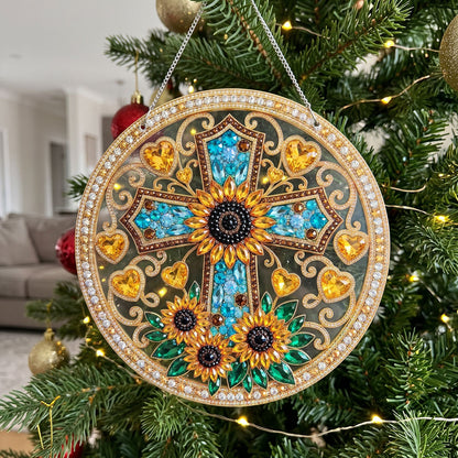 Sunflower Cross & Golden Hearts Diamond Art Hanging Ornament Kit