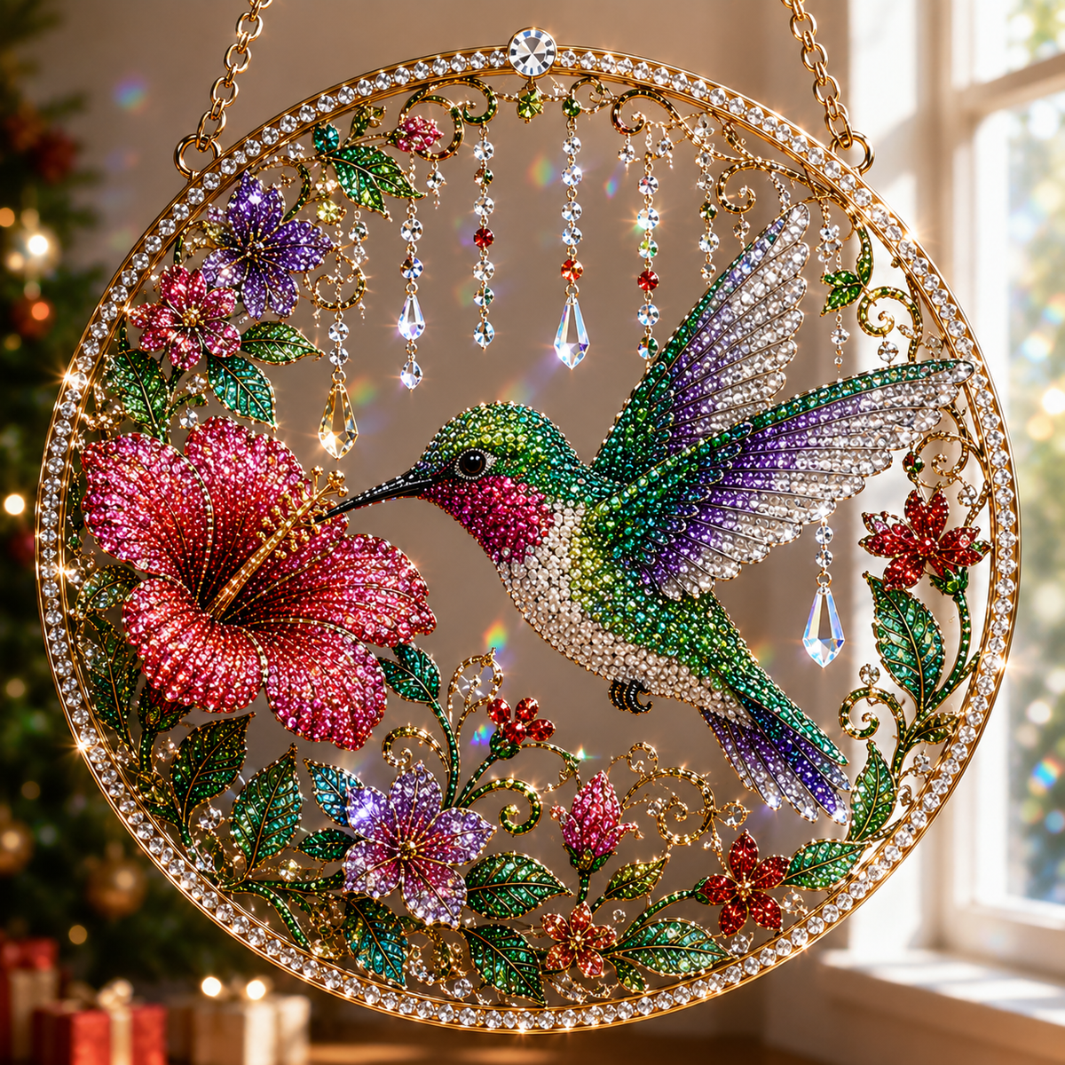 Floral Hummingbird Christmas Suncatcher Diamond Art Hanging Ornament Kit