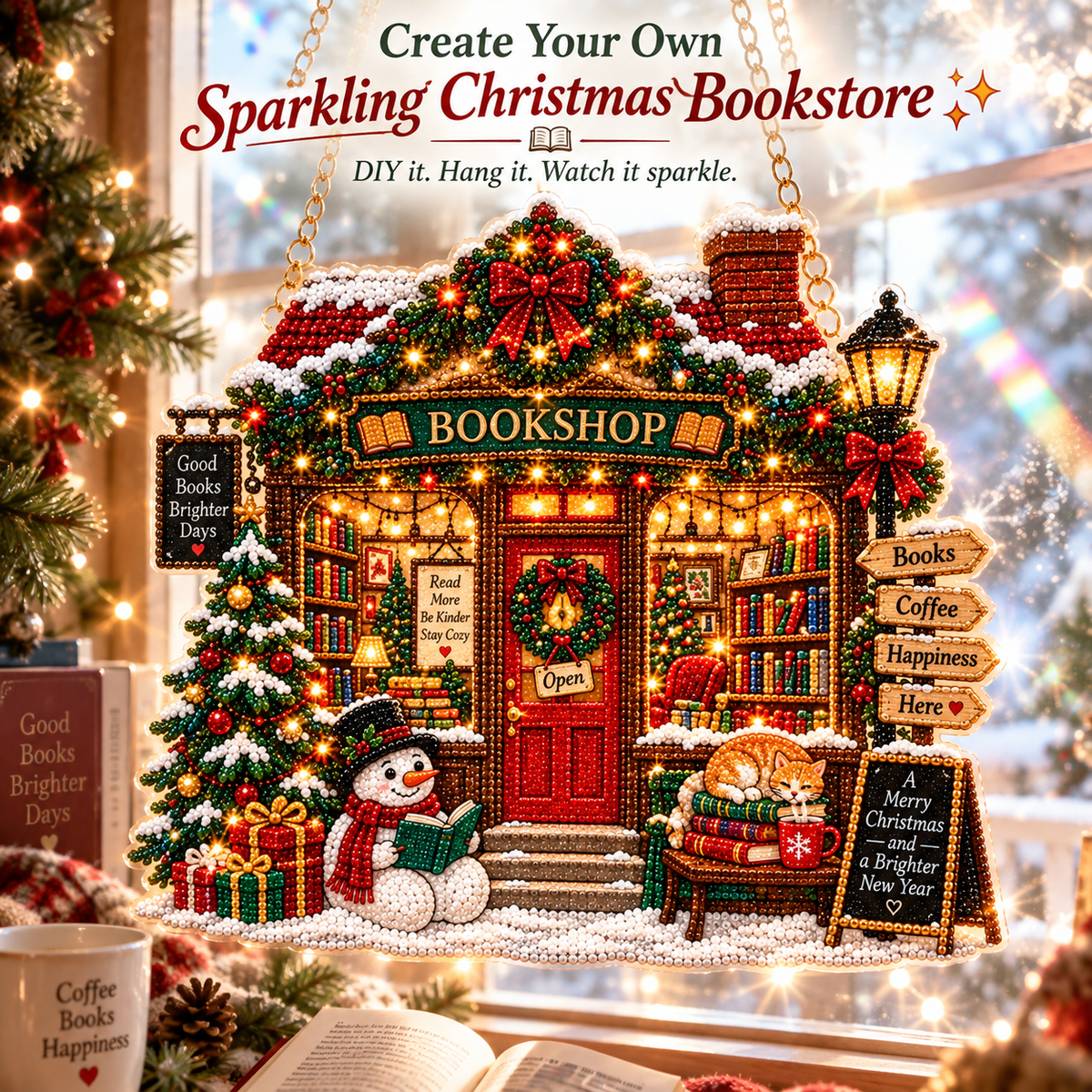 🔥Limited time 70% OFF🔥 Bookstore Christmas Suncatcher Diamond Art Hanging Ornament Kit