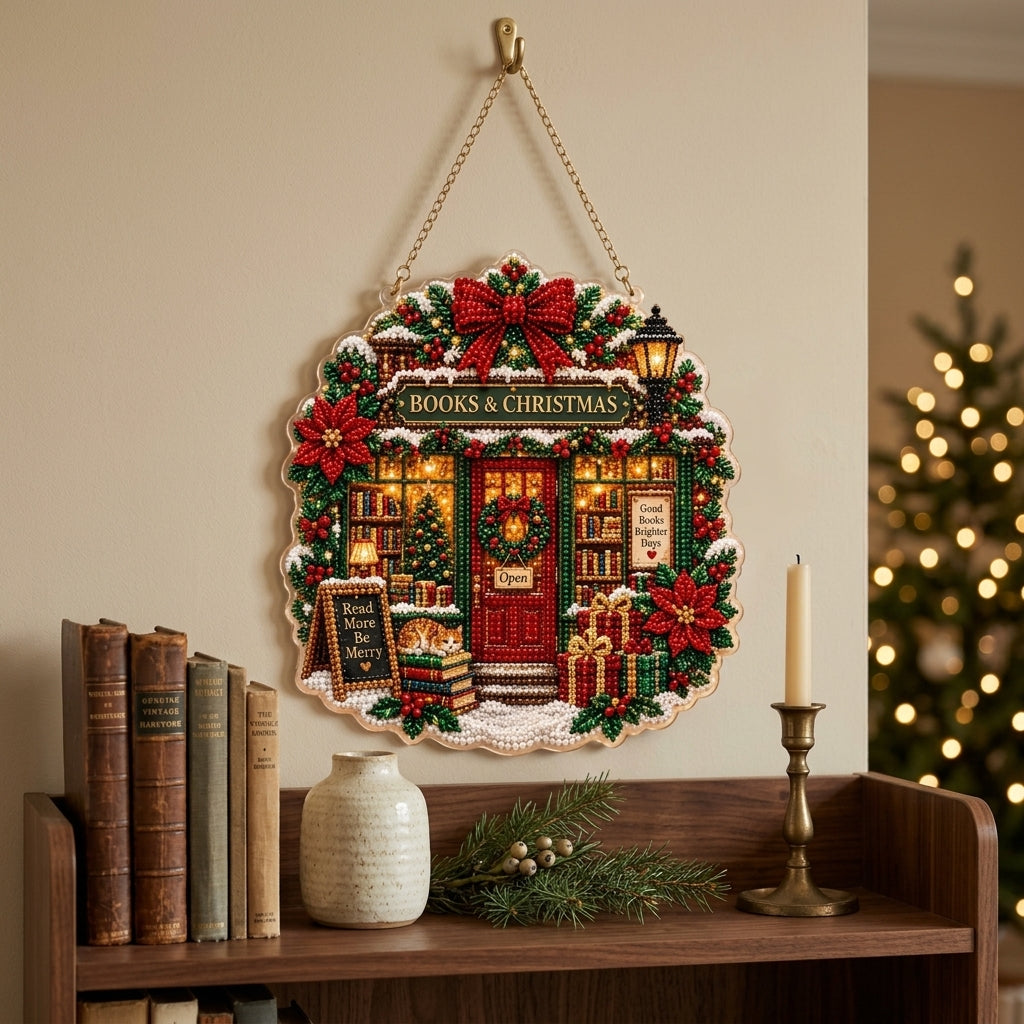 Bookstore Christmas Suncatcher Diamond Art Hanging Ornament Kit