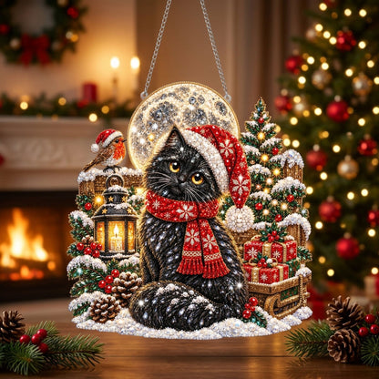 Black Cat in Santa Hat Diamond Art Hanging Ornament Kit