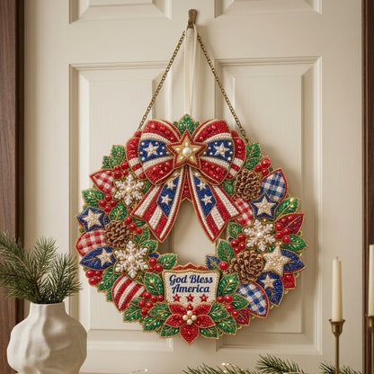 God Bless America Christmas Wreath Diamond Art Hanging Ornament Kit