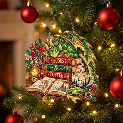 Cozy Dragon Books & Coffee Diamond Art Hanging Ornament Kit