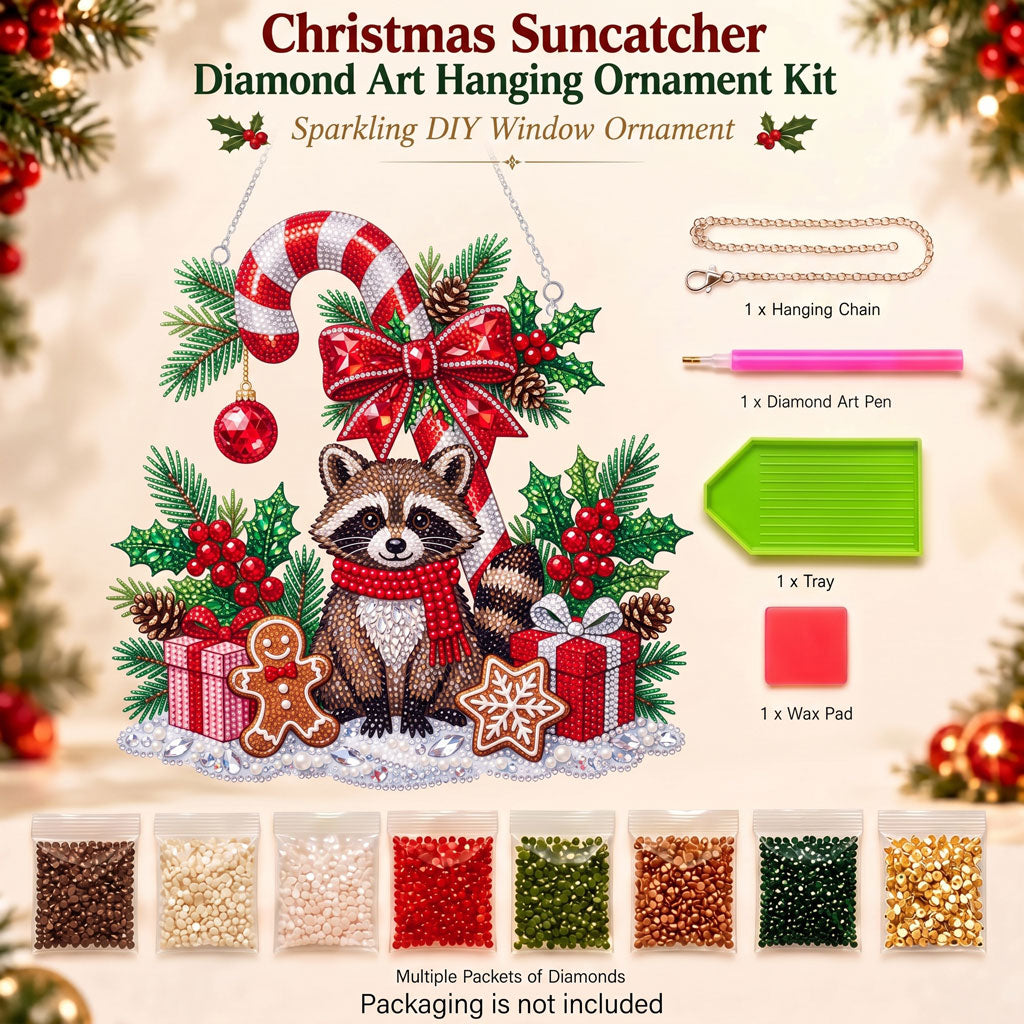 🦝🍭 Festive Raccoon Diamond Art Ornament Kit – Sparkling DIY Christmas Hanging Decor