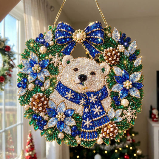 Winter Polar Bear Wreath Christmas Diamond Art Hanging Ornament Kit