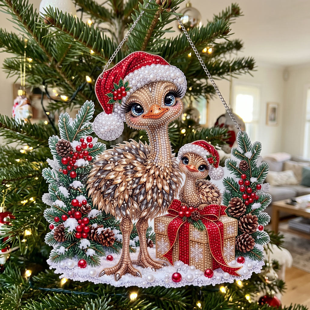 Christmas Ostrich Family Diamond Art Ornament Kit – Sparkling DIY Festive Hanging Decor