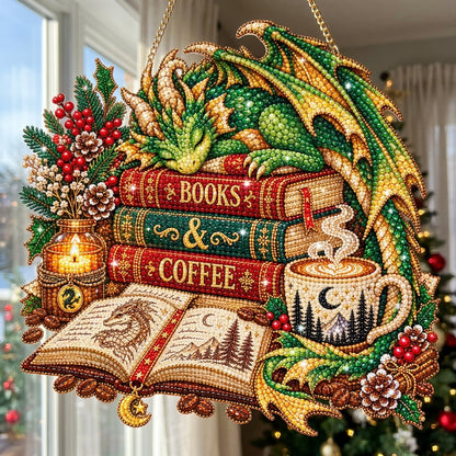 Cozy Dragon Books & Coffee Diamond Art Hanging Ornament Kit