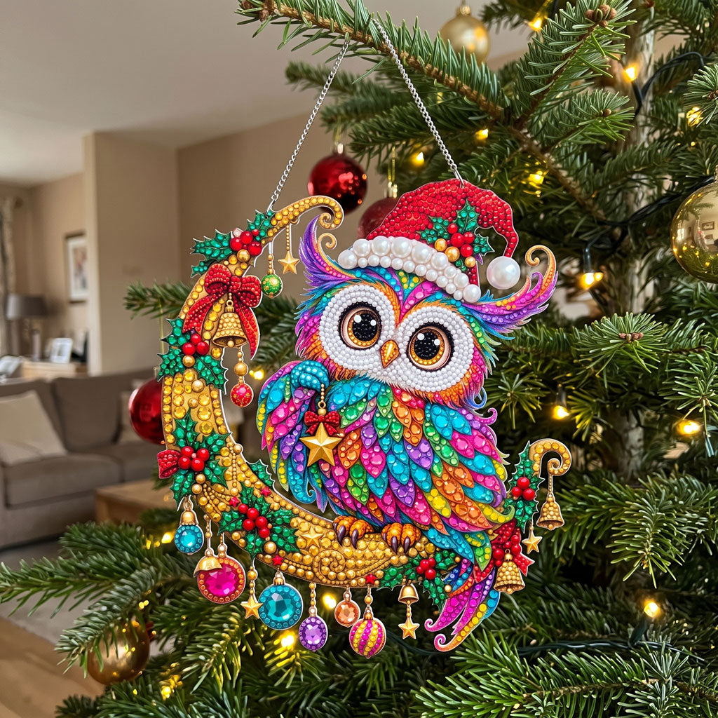 Rainbow Christmas Owl Diamond Art Ornament Kit – Sparkling DIY Festive Window Decor