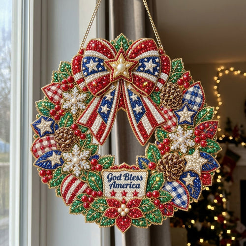God Bless America Christmas Wreath Diamond Art Hanging Ornament Kit