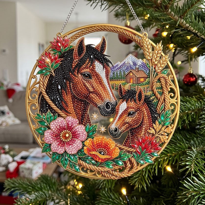 Horse & Foal Floral Diamond Art Ornament Kit – Sparkling DIY Country Hanging Decor