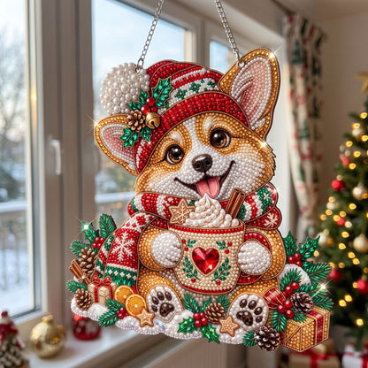 Christmas Corgi Cocoa Diamond Art Ornament Kit – Sparkling DIY Holiday Hanging Decor