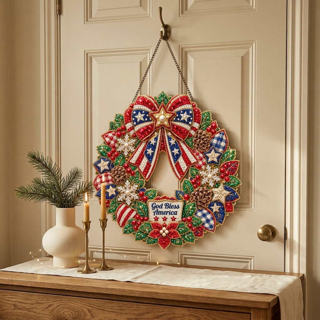 God Bless America Christmas Wreath Diamond Art Hanging Ornament Kit