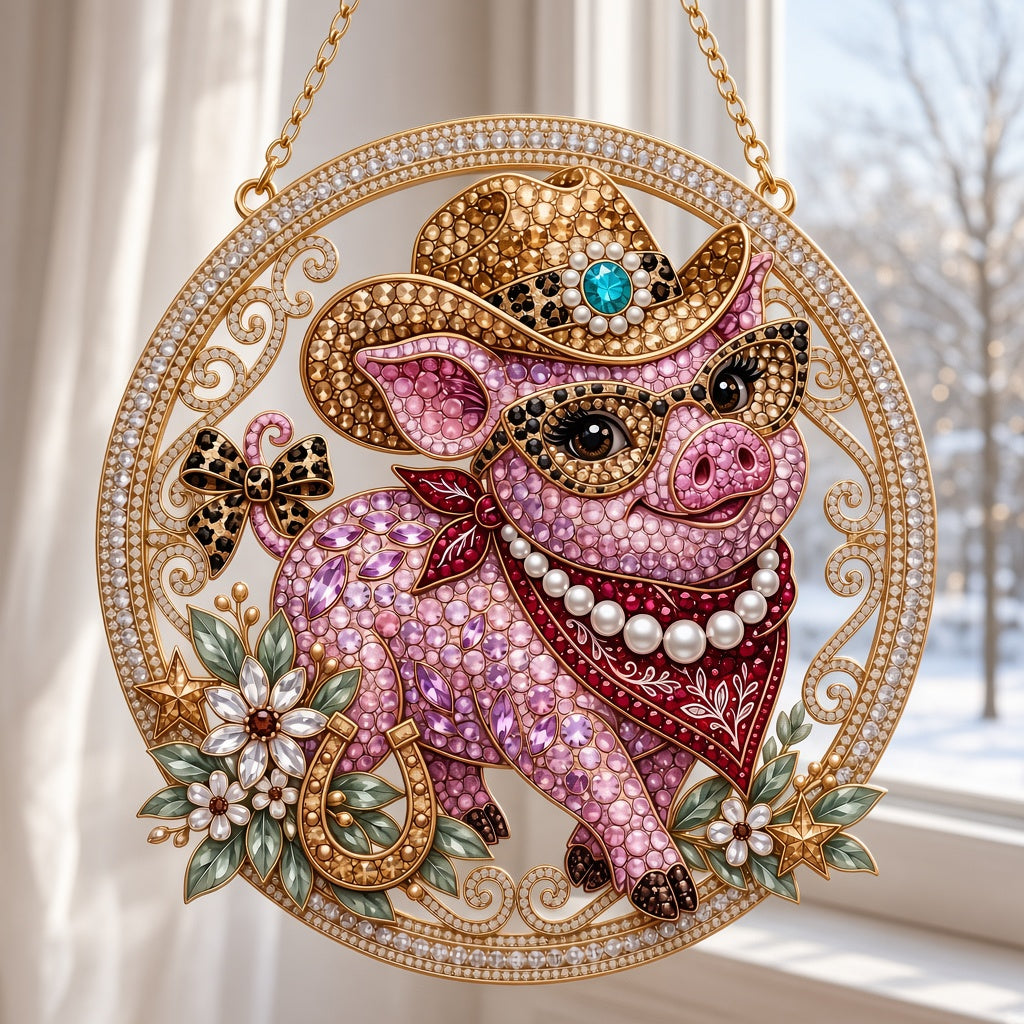 Western Cowgirl Pig Diamond Art Hanging Ornament Kit