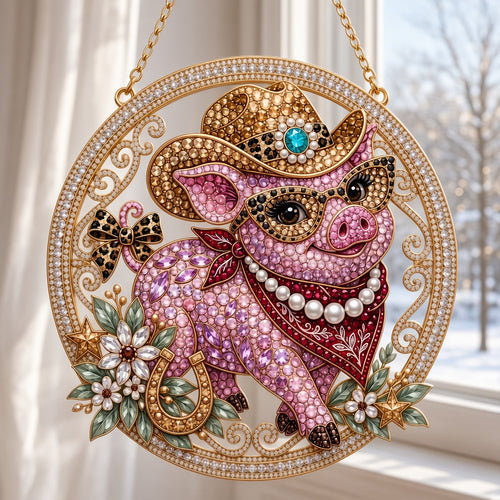Western Cowgirl Pig Diamond Art Hanging Ornament Kit