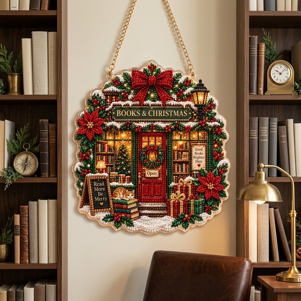 Bookstore Christmas Suncatcher Diamond Art Hanging Ornament Kit