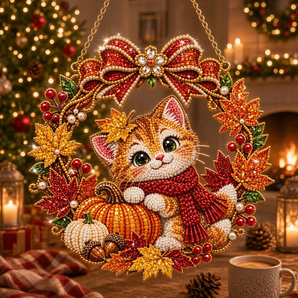 Cozy Pumpkin Kitten Diamond Art Hanging Ornament Kit