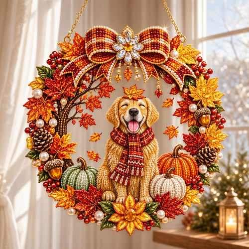 Happy Golden Retriever Fall Diamond Art Hanging Ornament Kit