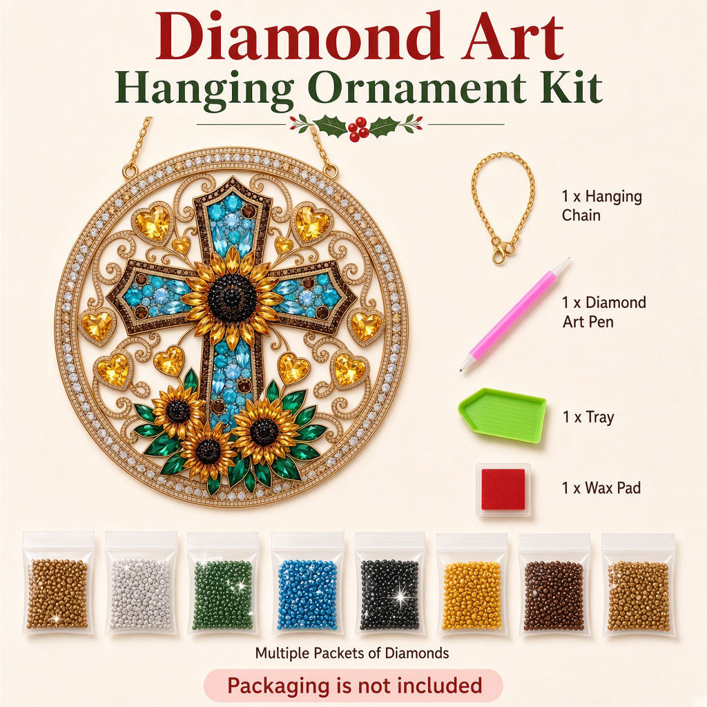 Sunflower Cross & Golden Hearts Diamond Art Hanging Ornament Kit