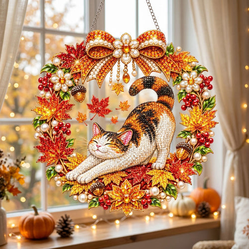 Playful Fall Cat Diamond Art Hanging Ornament Kit