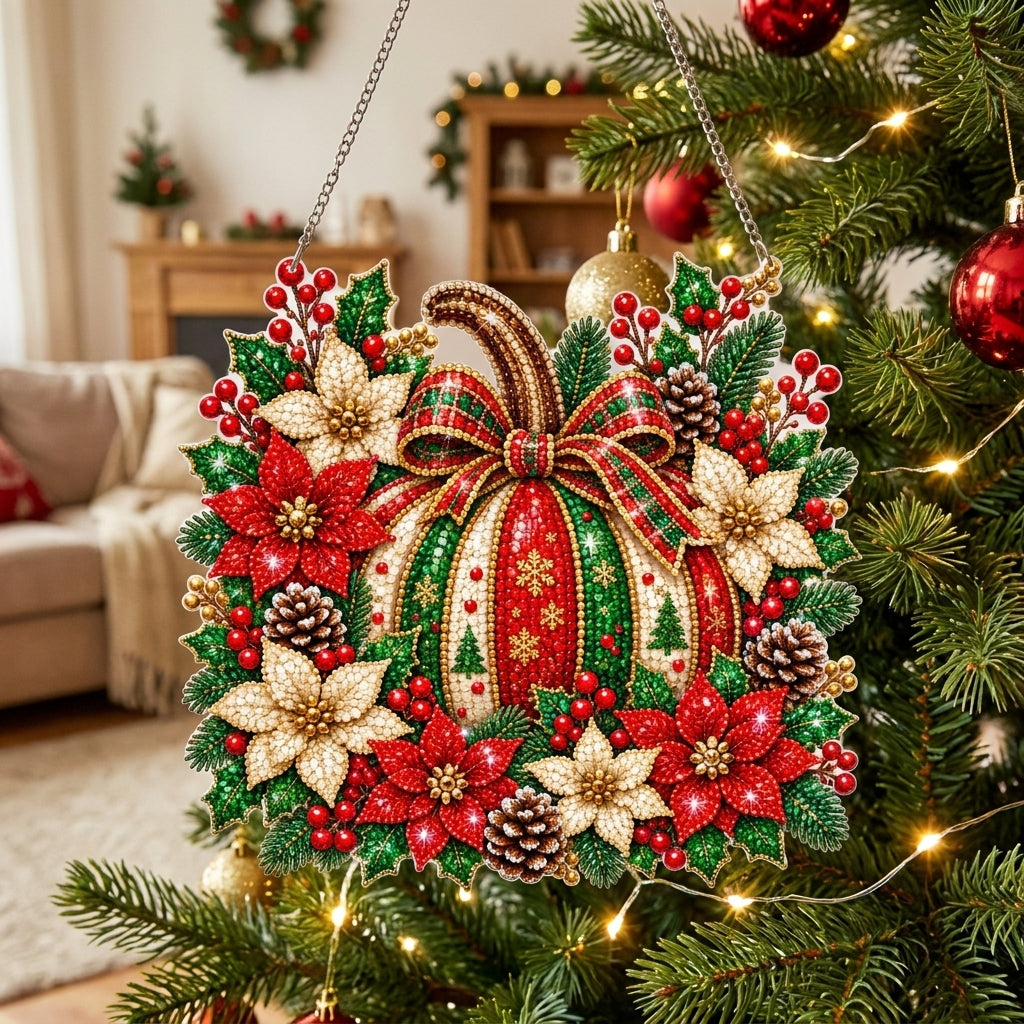 Holiday Poinsettia Pumpkin Diamond Art Hanging Ornament Kit