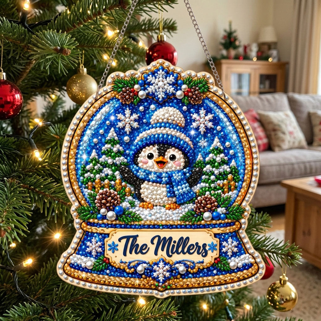 Personalized Penguin Snow Globe Diamond Art Hanging Ornament Kit