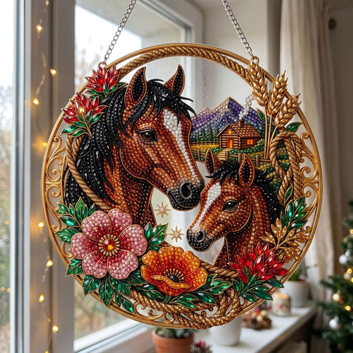 Horse & Foal Floral Diamond Art Ornament Kit – Sparkling DIY Country Hanging Decor